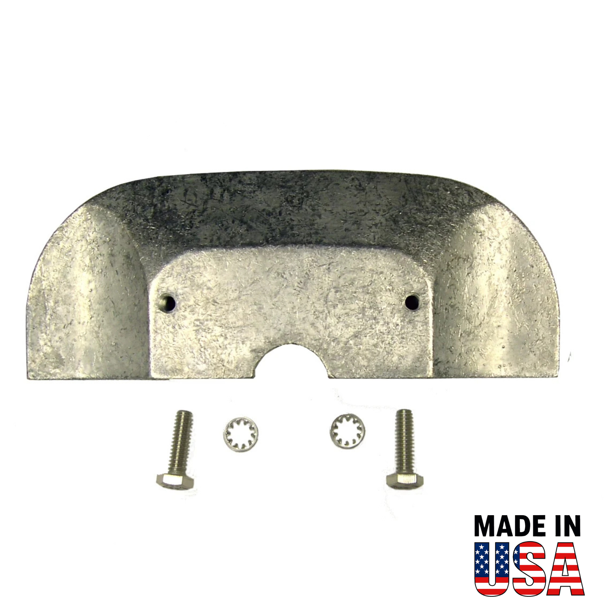 Metal 00041A anode with screws on a white background, featuring 'Made in USA' text.