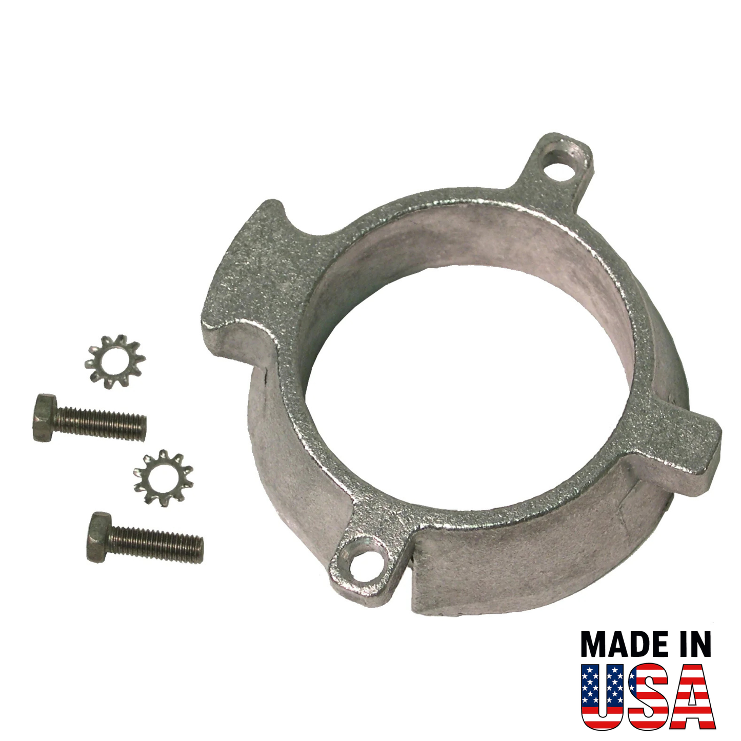Metal 00043A component with screws on a white background, featuring 'Made in USA' text.