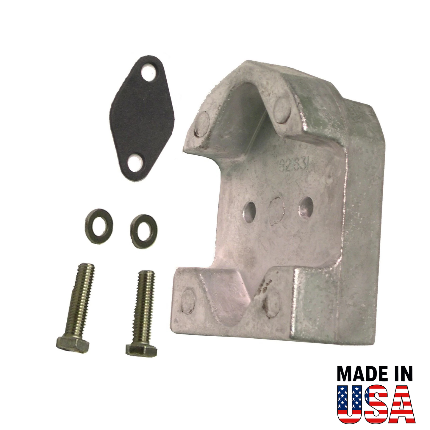 Metal 00045a anode with screws and washers on a white background, featuring 'Made in USA' text.