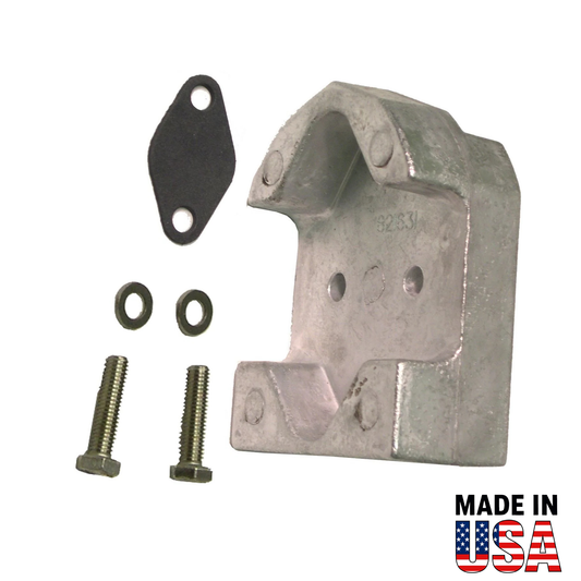 Metal 00045a anode with screws and washers on a white background, featuring 'Made in USA' text.
