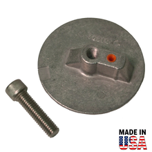 Metal  00049A anode and bolt with 'Made in USA' label on a white background
