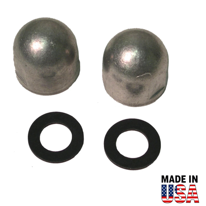 Two metal 00050a caps and two black washers on a white background with 'Made in USA' text.