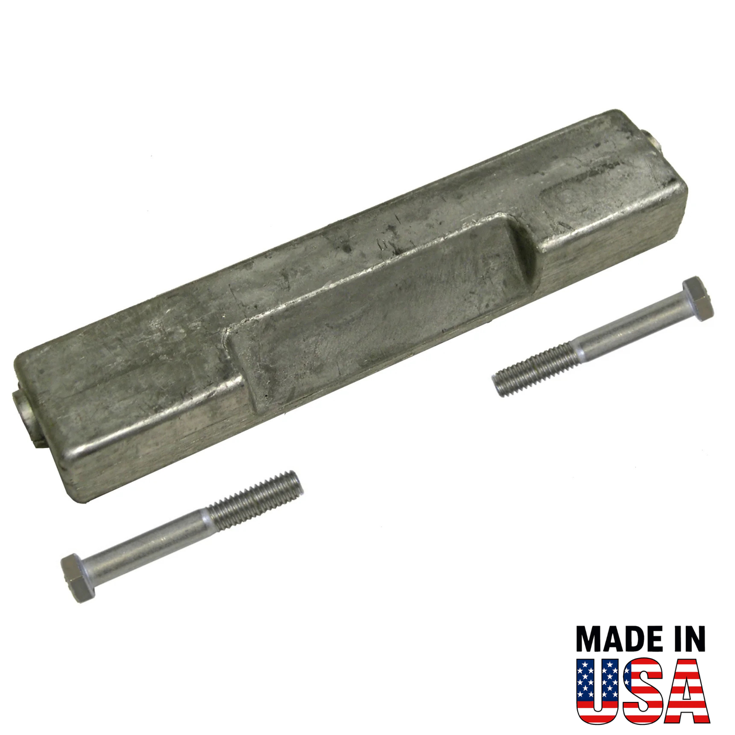 Metal 00143A anode with two screws on a white background, featuring 'Made in USA' text.