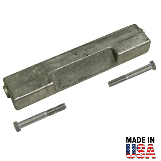 Metal 00143A anode with two screws on a white background, featuring 'Made in USA' text.