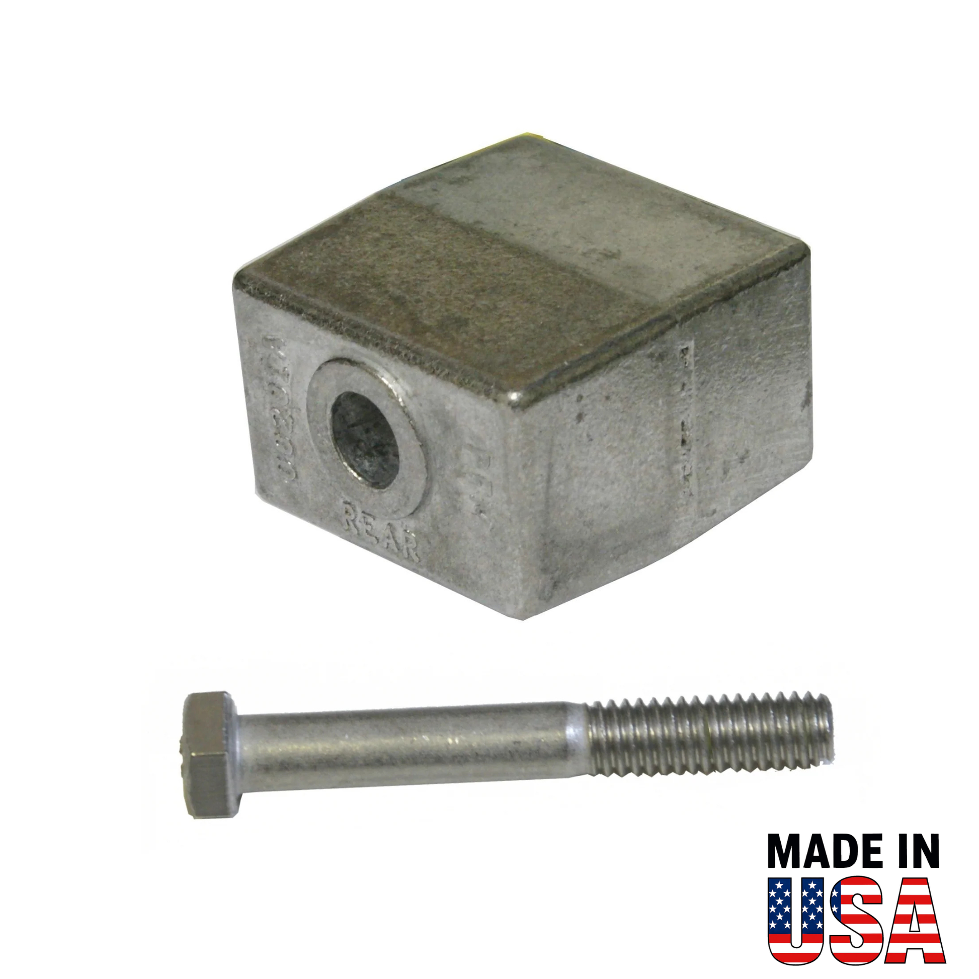 Metal 00201A anode with threaded rod on a white background, 'Made in USA' label.