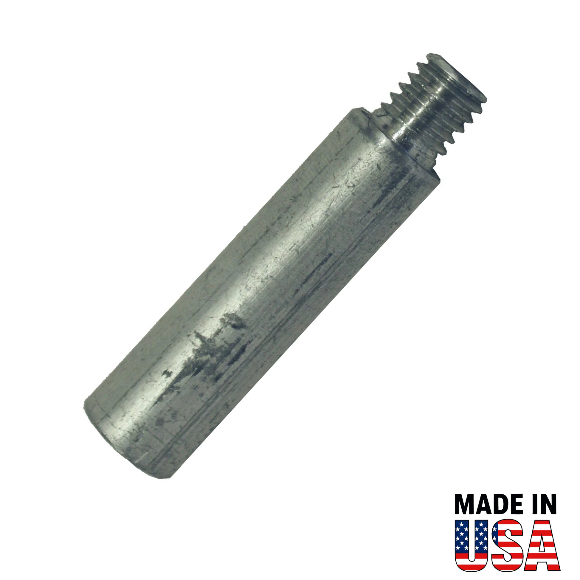 Metal cylindrical  AE-2 pencil anode component with threaded end on a white background, 'MADE IN USA' text and flag below.