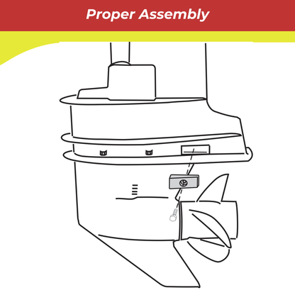 00051A anode line drawing of a boat motor assembly with 'Proper Assembly' text at the top.