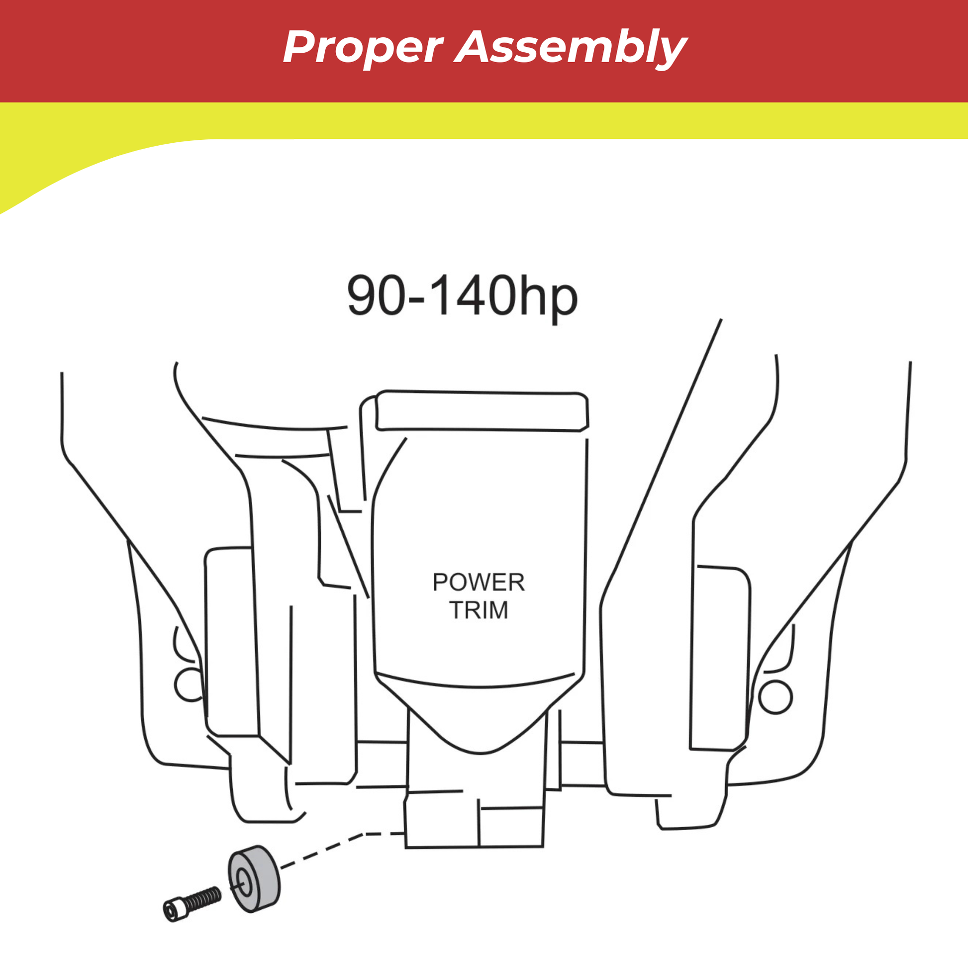 Diagram of power trim assembly with text indicating 'Proper Assembly' and '90-140hp'.