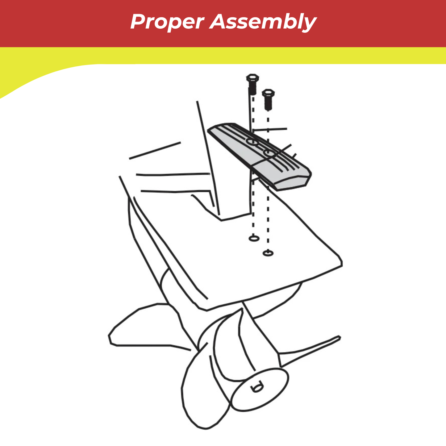 Illustration of a propeller assembly with text 'Proper Assembly' on a red and yellow background.